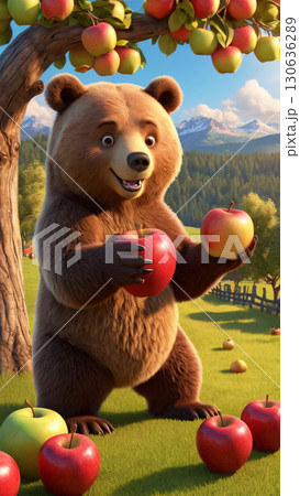 A large bear is holding two juicy apples right in front of an apple tree 130636289