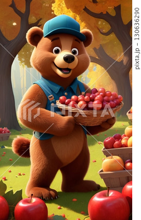 A cute teddy bear is happily holding a basket filled with cherries and apples 130636290