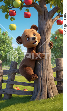A Cute Bear Climbing a Lush Apple Tree in a Beautiful Sunny Orchard Full of Life 130636325