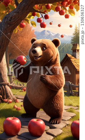 A brown bear stands under a tree, curiously holding an apple 130636327