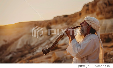 Jewish rabbi blows shofar. Yom Kippur. Jewish rabbi blows shofar. Yom Kippur. 130636340