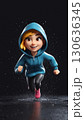 An animated girl joyfully running through a rainy, vibrant urban environment with style 130636345