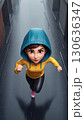 An animated girl joyfully running through a rainy, vibrant urban environment with style 130636347