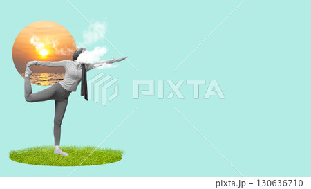 Woman in a yoga pose for meditation with a calm natural background. Collage art of meditation Woman in a yoga pose for meditation with a calm natural background. Collage art of meditation 130636710