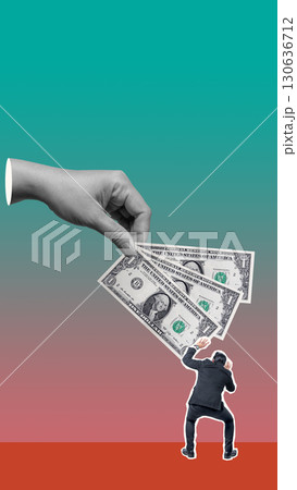Businessman is afraid of human hands that give him money on a colored background. Collage art of bribe 130636712