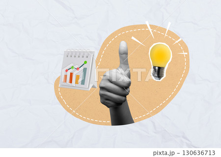 Human hand with thumb up gesture showing a lit lightbulb and a graph line on a colored background. Collage art of a Business idea Human hand with thumb up gesture showing a lit lightbulb and a graph line on a colored background. Collage art of a Business idea 130636713