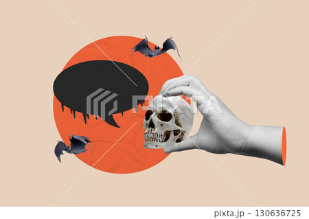 Human holding a human skull head with a speech bubble and flying bats on a colored background. Copy space. Collage art of Halloween Human holding a human skull head with a speech bubble and flying bats on a colored background. Copy space. Collage art of Halloween 130636725