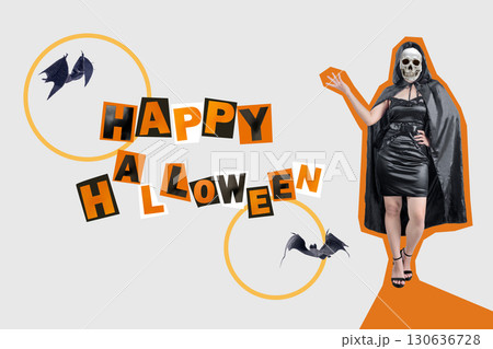 Black witch with skull head showing text of Happy Halloween with flying bats on a colored background. Collage art of Halloween Black witch with skull head showing text of Happy Halloween with flying bats on a colored background. Collage art of Halloween 130636728