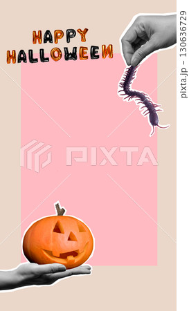 Human hand showing a Jack-o'-Lantern or Halloween pumpkin and centipede with text of Happy Halloween on a colored background. Copy space. Collage art of Halloween Human hand showing a Jack-o'-Lantern or Halloween pumpkin and centipede with text of Happy Halloween on a colored background. Copy space. Collage art of Halloween 130636729