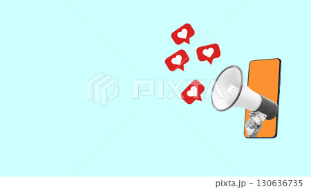 Human hand through cellphone screen holding megaphone with like symbols of social media icons on a colored background. Mockup, Copy space, or Template. Collage art of Social Media 130636735