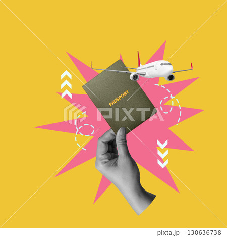 Human hand holding a passport with a flying commercial airplane on a colored background. Collage art of Traveling 130636738