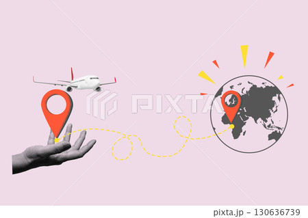 Human hand showing a location pin with a world map and a flying commercial airplane on a colored background. Collage art of traveling 130636739