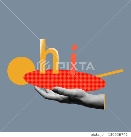 Human hand showing the text of Hi on a colored background. Collage art of greeting for an invitation, greeting, or acceptance Human hand showing the text of Hi on a colored background. Collage art of greeting for an invitation, greeting, or acceptance 130636741