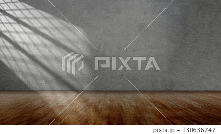 Striking light beam shines across the interior of the room with concrete walls and a wooden floor. Mockup, copy space, or template. Empty backdrop podium for product or text display Striking light beam shines across the interior of the room with concrete walls and a wooden floor. Mockup, copy space, or template. Empty backdrop podium for product or text display 130636747