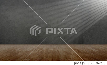 Striking light beam shines across the interior of the room with concrete walls and a wooden floor. Mockup, copy space, or template. Empty backdrop podium for product or text display Striking light beam shines across the interior of the room with concrete walls and a wooden floor. Mockup, copy space, or template. Empty backdrop podium for product or text display 130636748
