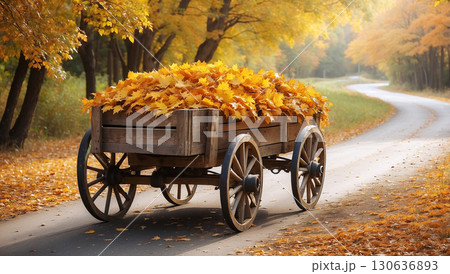 Wooden Wagon Filled with Colorful Autumn Leaves on a Quiet Country Road Surrounded by Fall Trees in Warm Sunshine 130636893