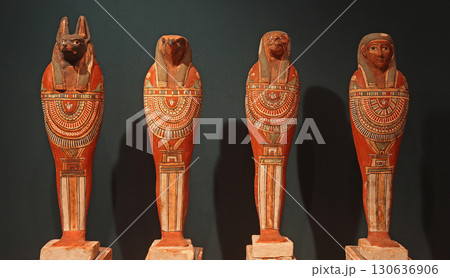 Egyptian wooden painted status for the four sons of Horus cover, late period Ptolemaic, plastered and painted wood in Metropolitan Museum 130636906