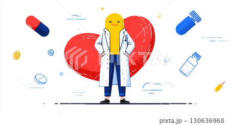Cartoon Doctor smiling with medical icons heart, pills, and medicine bottle on white background 130636968