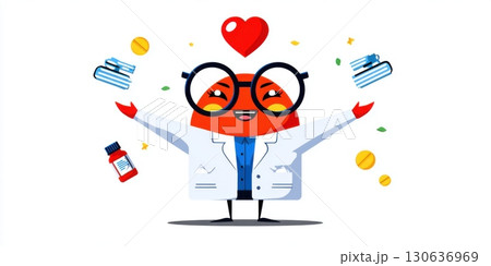 Cartoon Doctor smiling with medical icons heart, pills, and medicine bottle on white background 130636969