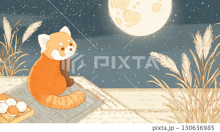 お月見するレッサーパンダ 130636985