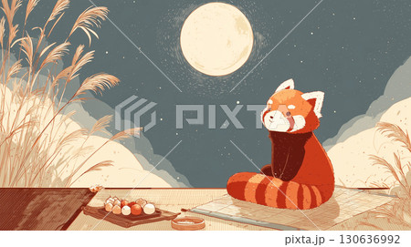 お月見するレッサーパンダ 130636992