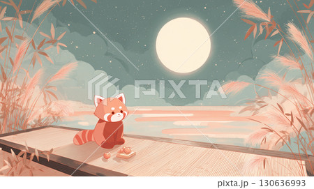お月見するレッサーパンダ 130636993