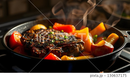 beef steak in a frying pan 130637175