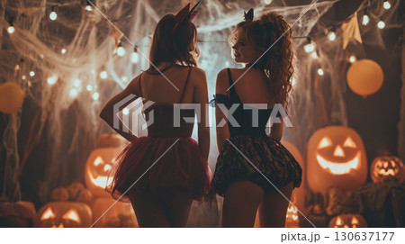 大人のハロウィンパーティー 女性シルエット イラスト風写真 130637177
