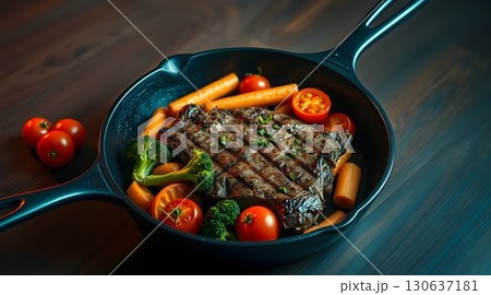 beef steak on a cast iron skillet 130637181