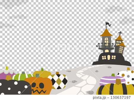 萬聖節相框，色彩繽紛的南瓜、鬼屋、枯葉，像一本可愛的圖畫書的封面。 130637197