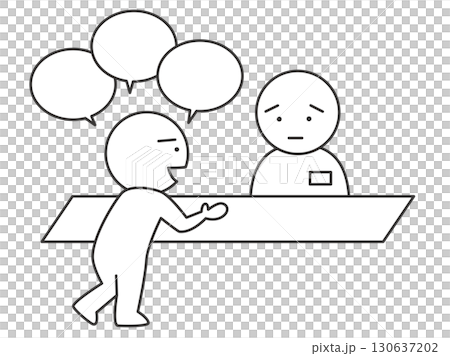 一位顧客持續騷擾店員的插圖。簡單的簡筆畫向量插圖，表示顧客騷擾。 130637202