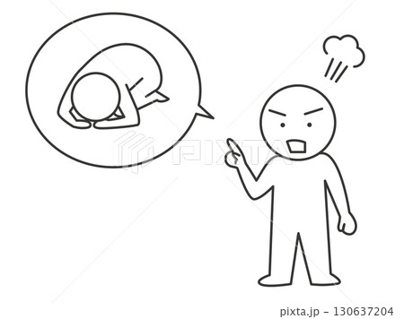 土下座を強要する顧客のイラスト　カスタマーハラスメントを表すシンプルな棒人間の線画ベクター素材 130637204