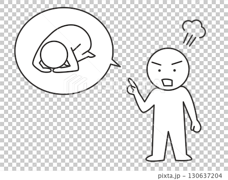 土下座を強要する顧客のイラスト　カスタマーハラスメントを表すシンプルな棒人間の線画ベクター素材 130637204