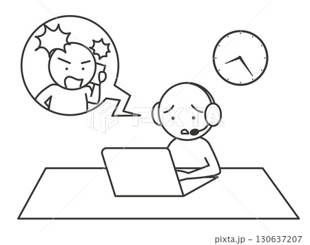 長時間クレーム電話をする顧客イラスト　カスタマーハラスメントを表すシンプルな棒人間の線画ベクター素材 130637207