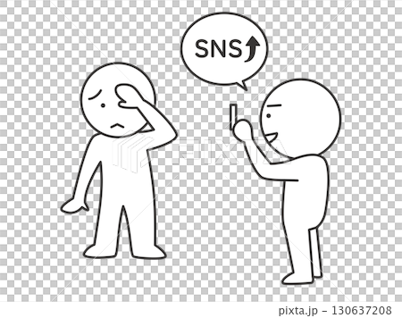 無断でSNS投稿する顧客のイラスト　カスタマーハラスメントを表すシンプルな棒人間の線画ベクター素材 130637208