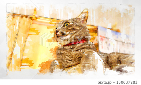 スケッチ風 猫 ネコ ねこ キジトラ グレー 雌 メス 雌ねこ 雌ネコ 元気 かわいい 癒し 130637283