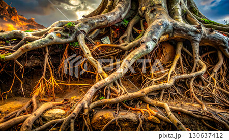 Closeup Tree Roots with Dramatic Sky 130637412