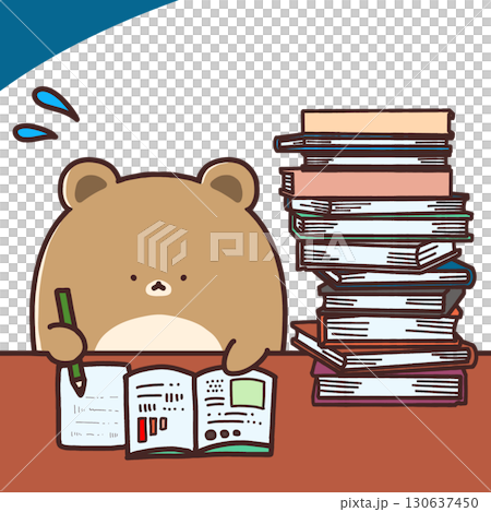 一隻熊正在努力學習,周圍有許多書籍和文件 一隻熊正在努力學習,周圍有許多書籍和文件 130637450