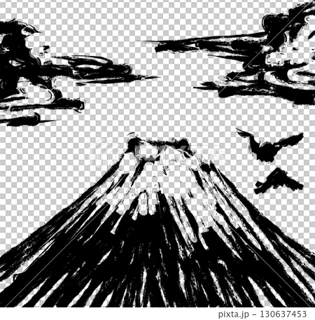 A brush and ink painting of mountains, clouds, and birds 130637453