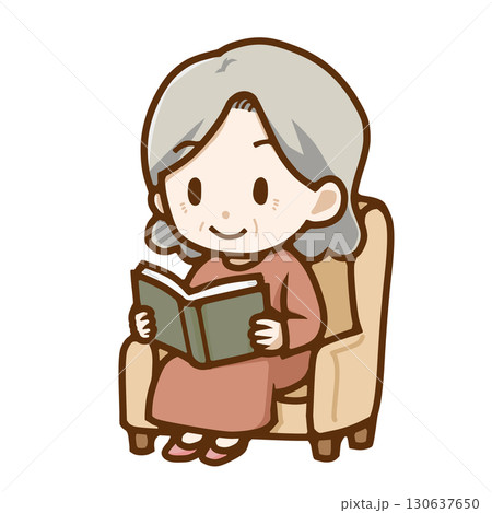 肘掛け椅子に座って読書するシニア女性・くつろぎイラスト 130637650