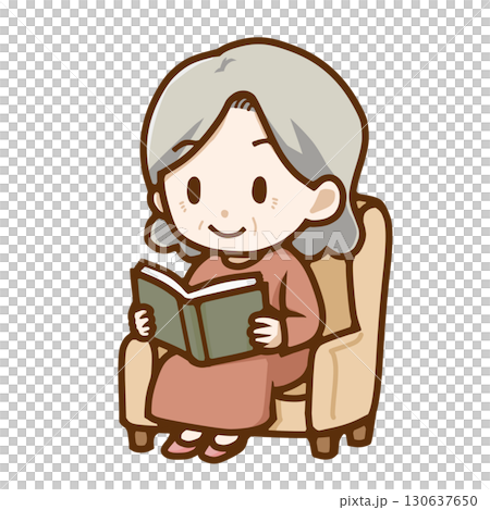 肘掛け椅子に座って読書するシニア女性・くつろぎイラスト 130637650