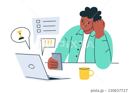 Flat cartoon vector illustration of office worker procrastinating at desk with laptop, using phone instead of work. Concept of procrastination, distraction, deadline stress, workplace productivity Flat cartoon vector illustration of office worker procrastinating at desk with laptop, using phone instead of work. Concept of procrastination, distraction, deadline stress, workplace productivity 130637727