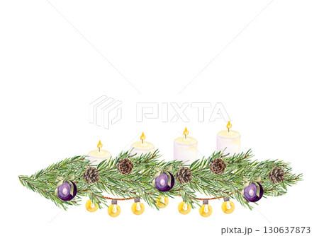 Pine branches garland with candles, cones, ornaments, glowing lights. Watercolor isolated on white ideal for Christmas cards, posters, Advent, digital designs, scrapbooking, festive decorations 130637873