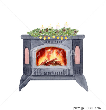 Stove with burning fire, decorated with pine branches, candles, string lights. Watercolor ideal for Christmas cards, posters, invitations, wrapping paper, scrapbooking, cozy holiday design. Fireplace. Stove with burning fire, decorated with pine branches, candles, string lights. Watercolor ideal for Christmas cards, posters, invitations, wrapping paper, scrapbooking, cozy holiday design. Fireplace. 130637875
