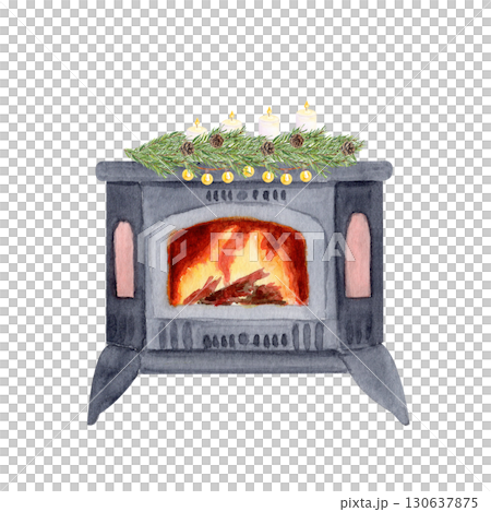 Stove with burning fire, decorated with pine branches, candles, string lights. Watercolor ideal for Christmas cards, posters, invitations, wrapping paper, scrapbooking, cozy holiday design. Fireplace. Stove with burning fire, decorated with pine branches, candles, string lights. Watercolor ideal for Christmas cards, posters, invitations, wrapping paper, scrapbooking, cozy holiday design. Fireplace. 130637875