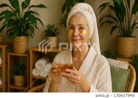 An elderly woman in a spa setting enjoys tea with gold under-eye patches and a towel on her head. Generated AI. An elderly woman in a spa setting enjoys tea with gold under-eye patches and a towel on her head. Generated AI. 130637940
