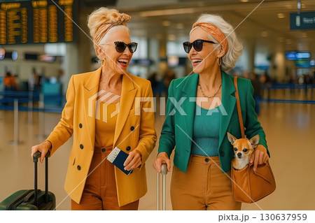 Two stylish elderly women at an airport, smiling with luggage, tickets, and a small dog in a handbag. Generated AI. 130637959