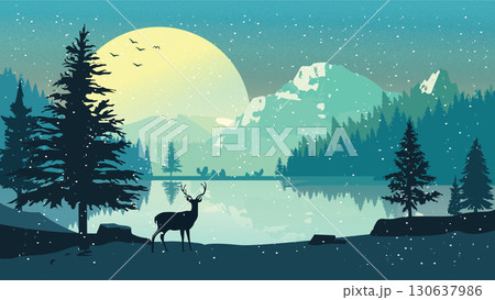 Snowy Lakefront with Pines and Mountain Peaks 130637986