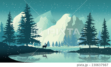 Snowy Pine Forest by Lake with Mountain Background 130637987