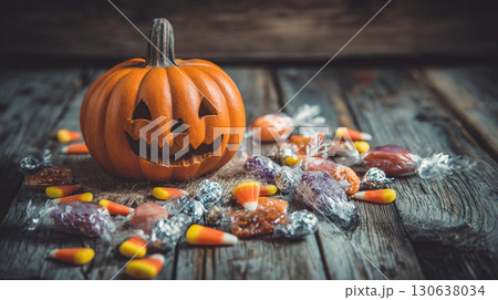 ハロウィンのお菓子とカボチャ 130638034
